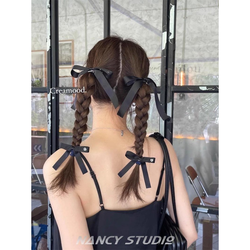 Kẹp Tóc Nơ Ruy Băng Màu Trắng Đen Phong Cách Hàn Quốc Nhật Bản Thời Trang