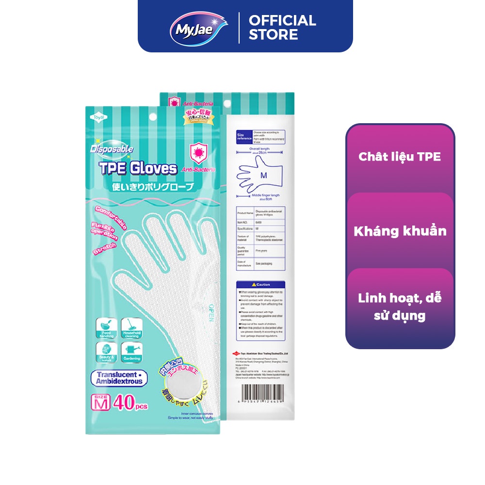 [Voucher 12% - đơn từ 0Đ]Găng Tay Chống Khuẩn TPE MyJae Một Lần Dùng Nấu Ăn, Rửa Chén Bát Size M (40 Cái/Hộp)