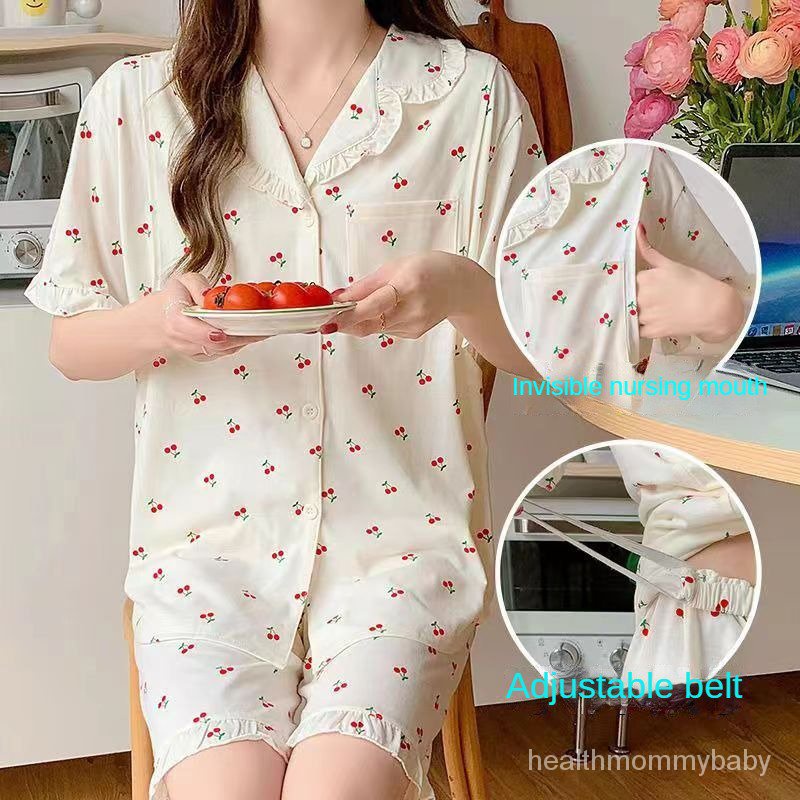 Đồ Ngủ Bà Bầu 100% Cotton Mẫu Mỏng Sau Sinh Cộc Tay Bộ Hai Chiếc  Quần Áo Cho Con Bú Bộ Đồ Đồ Mặc Nhà Cho Con Bú Phong C