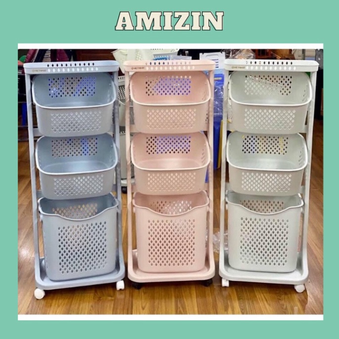 Kệ nhựa 3 tầng 4 tầng đa năng AMIZIN Kệ nhựa 3 tầng có bánh xe KN01