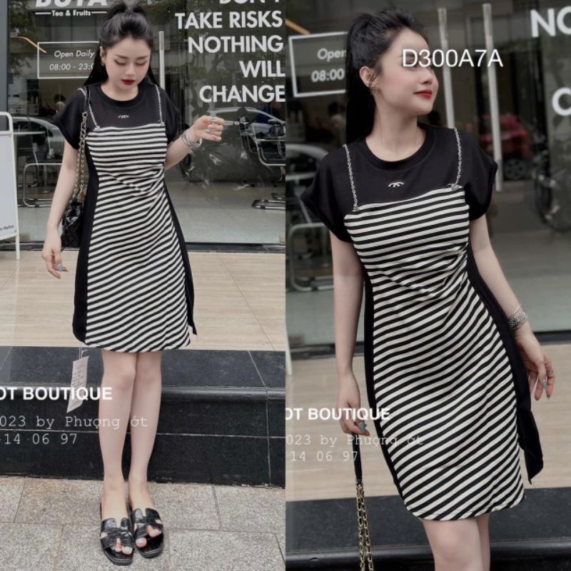 Đầm Body Thun Đen Phối Yếm Kẻ Dáng Dài Xẻ Đùi ,Đầm Suông Kẻ Dáng Chữ A Kiểu Ulzzang Thời Trang BEBEDOLL