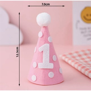 Trang trí mũ sinh nhật hồng chấm bi + số 1