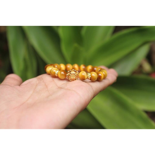 Vòng tay mắt hổ nâu vàng phối hoa sen