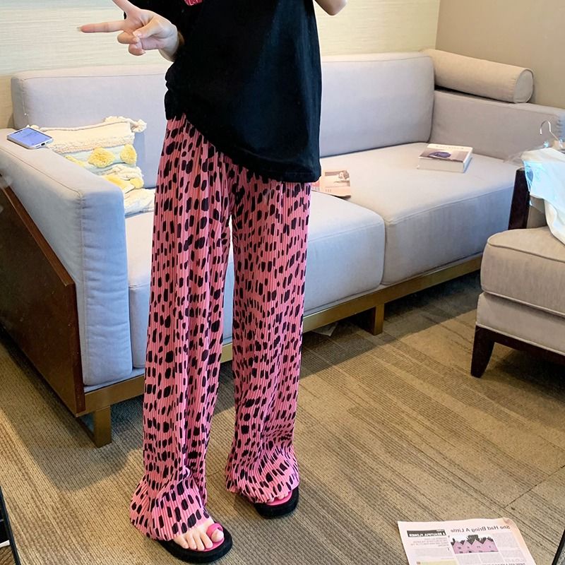 Jiashucheng Quần Ống Rộng Xếp Ly Lưng Cao In Họa Tiết Da Báo Màu Hồng Thời Trang Quyến Rũ Cho Nữ