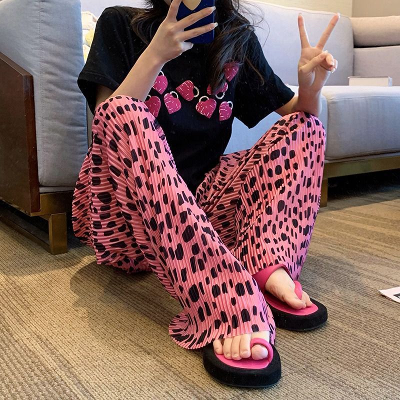 Jiashucheng Quần Ống Rộng Xếp Ly Lưng Cao In Họa Tiết Da Báo Màu Hồng Thời Trang Quyến Rũ Cho Nữ