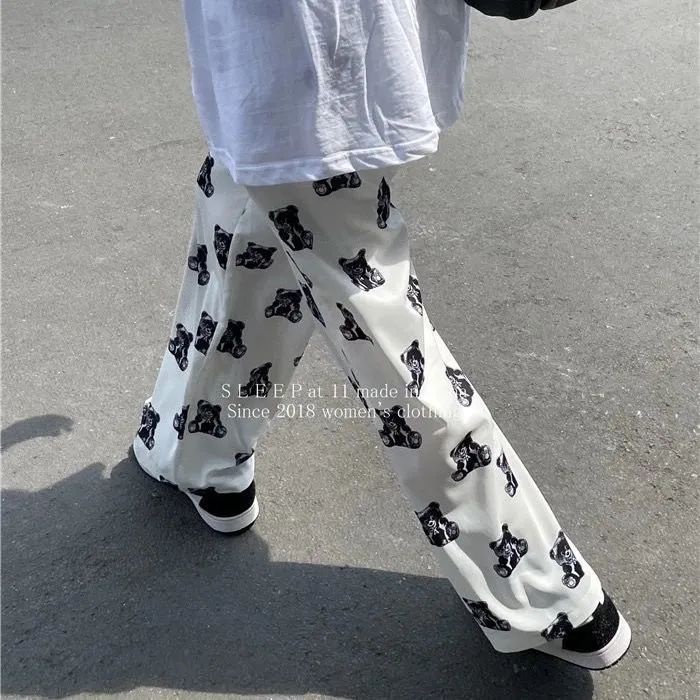Jiashucheng Quần Dài Lưng Cao Ống Rộng In Họa Tiết Gấu Thời Trang Xuân Thu Cho Nữ