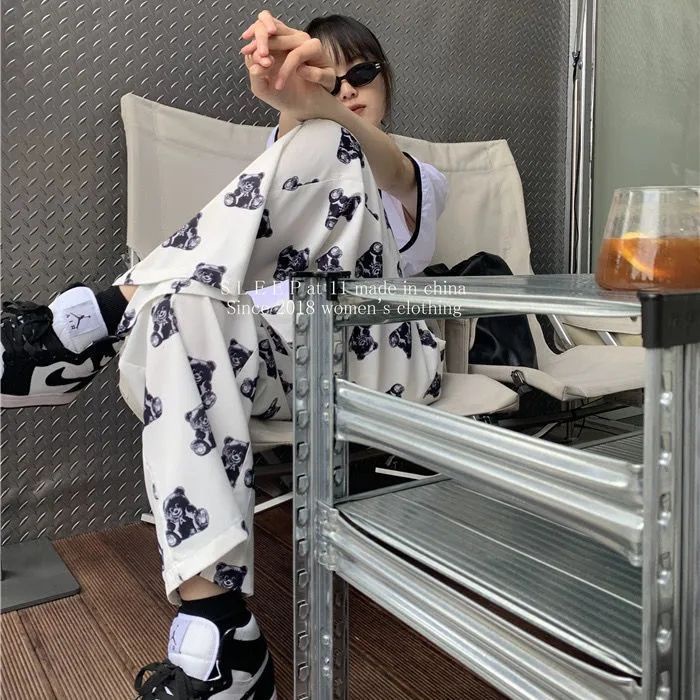 Jiashucheng Quần Dài Lưng Cao Ống Rộng In Họa Tiết Gấu Thời Trang Xuân Thu Cho Nữ