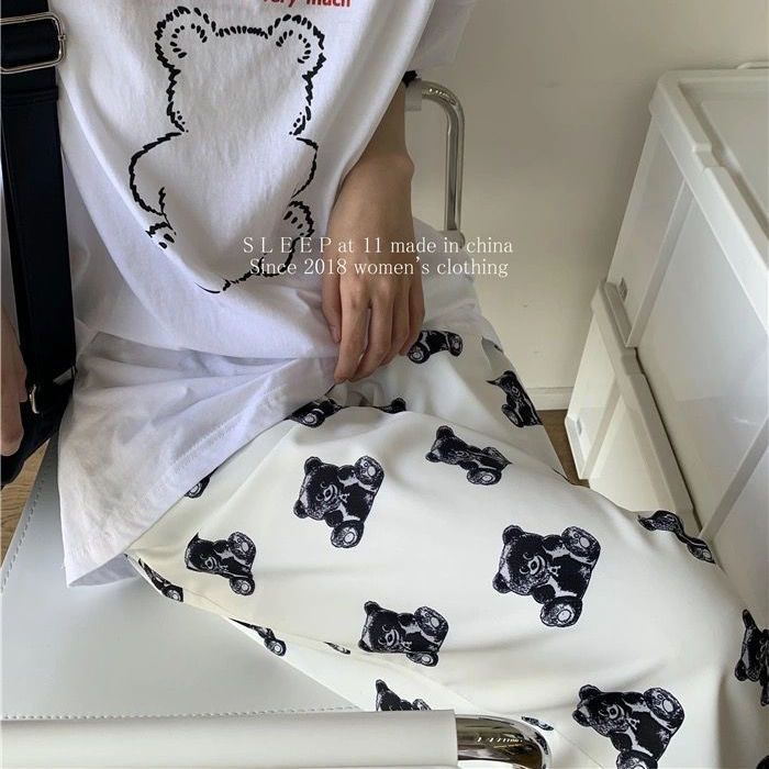 Jiashucheng Quần Dài Lưng Cao Ống Rộng In Họa Tiết Gấu Thời Trang Xuân Thu Cho Nữ