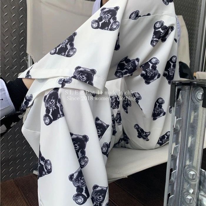 Jiashucheng Quần Dài Lưng Cao Ống Rộng In Họa Tiết Gấu Thời Trang Xuân Thu Cho Nữ