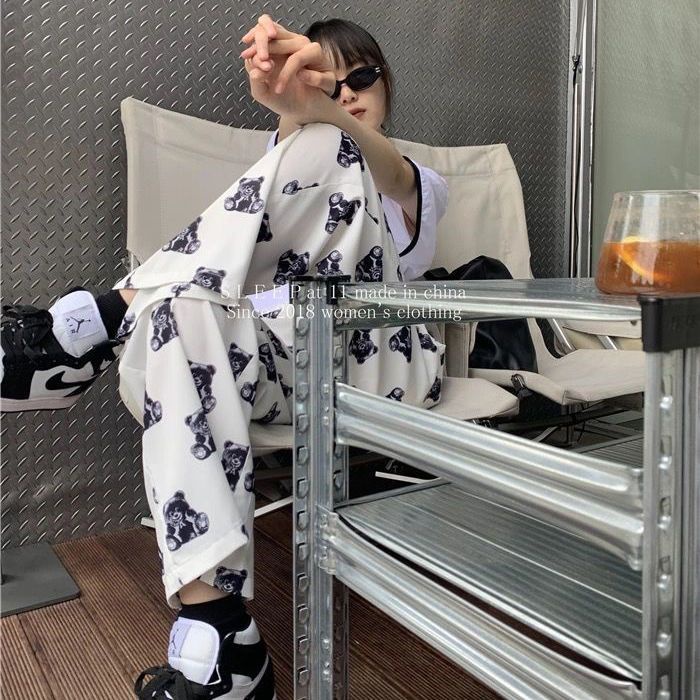 Jiashucheng Quần Dài Lưng Cao Ống Rộng In Họa Tiết Gấu Thời Trang Xuân Thu Cho Nữ