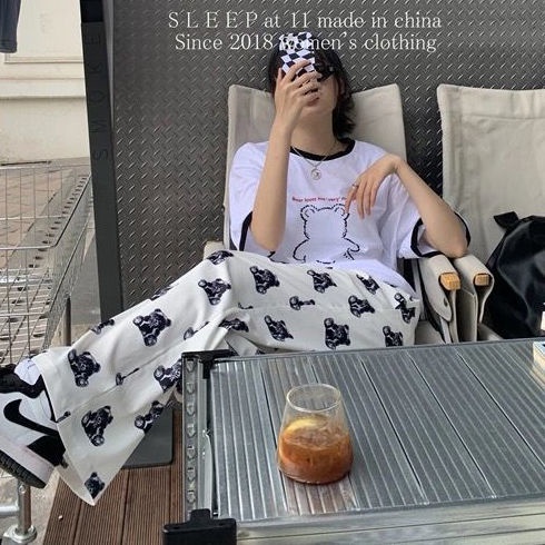 Jiashucheng Quần Dài Lưng Cao Ống Rộng In Họa Tiết Gấu Thời Trang Xuân Thu Cho Nữ