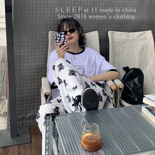 Jiashucheng Quần Dài Lưng Cao Ống Rộng In Họa Tiết Gấu Thời Trang Xuân Thu Cho Nữ