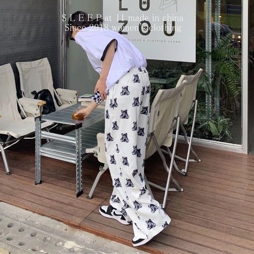 Jiashucheng Quần Dài Lưng Cao Ống Rộng In Họa Tiết Gấu Thời Trang Xuân Thu Cho Nữ