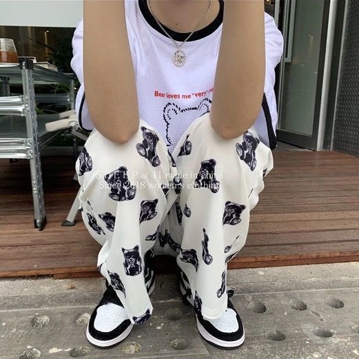 Jiashucheng Quần Dài Lưng Cao Ống Rộng In Họa Tiết Gấu Thời Trang Xuân Thu Cho Nữ