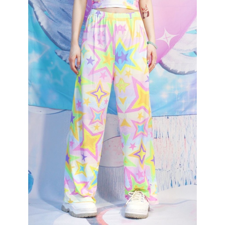 Jiashucheng Quần Dài Ống Rộng Dáng Suông In Họa Tiết Ngôi Sao Phong Cách Nhật Bản Thời Trang Mùa Hè Mới Cho Nữ