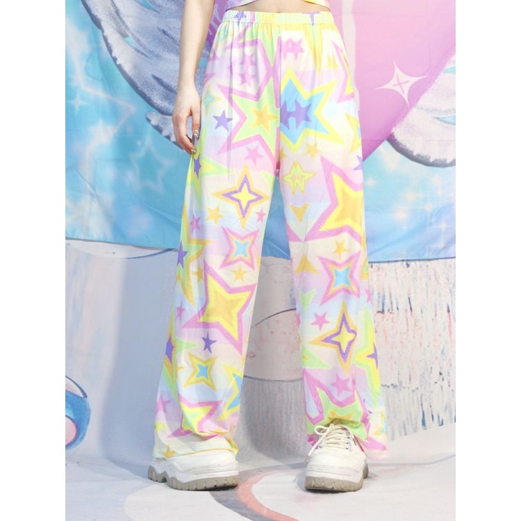 Jiashucheng Quần Dài Ống Rộng Dáng Suông In Họa Tiết Ngôi Sao Phong Cách Nhật Bản Thời Trang Mùa Hè Mới Cho Nữ