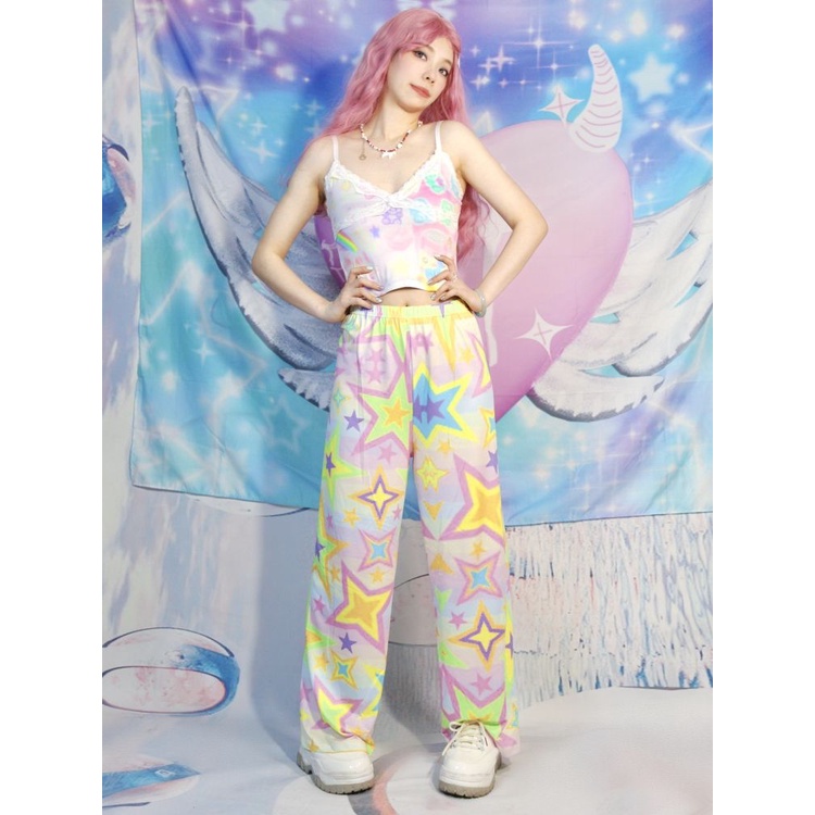 Jiashucheng Quần Dài Ống Rộng Dáng Suông In Họa Tiết Ngôi Sao Phong Cách Nhật Bản Thời Trang Mùa Hè Mới Cho Nữ