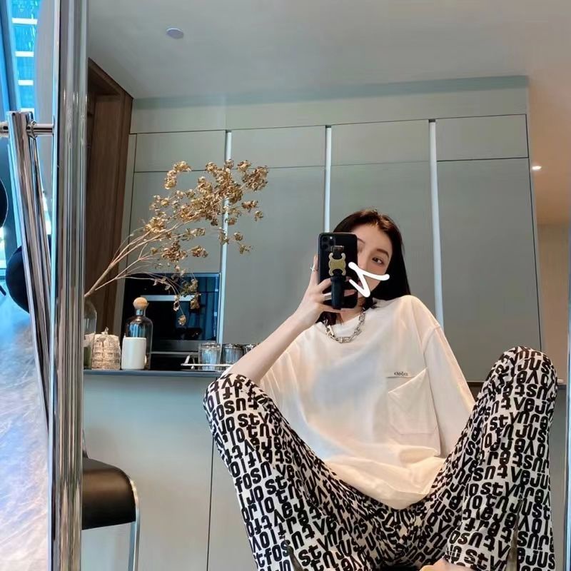 Jiashucheng Quần Ống Rộng Lưng Cao In Chữ Phong Cách Hàn Quốc Thời Trang Mùa Hè Dành Cho Nữ