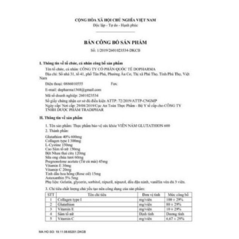 Viên uống trắng da mờ nám glutathion 600 dr CHÍNH HÃNG cắt mã