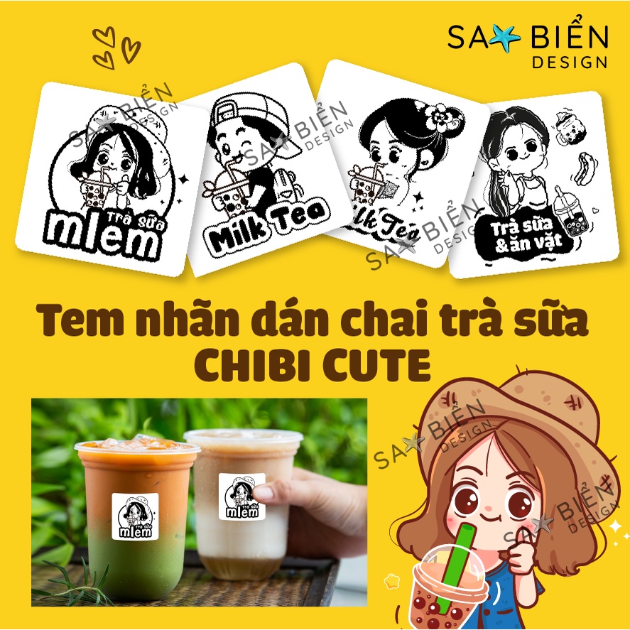 Combo 25/50/100/200 tem nhãn dán chai trà sữa CHIBI , sticker dán ly, chai. 5x5 cm. Sao biển design, sao biển