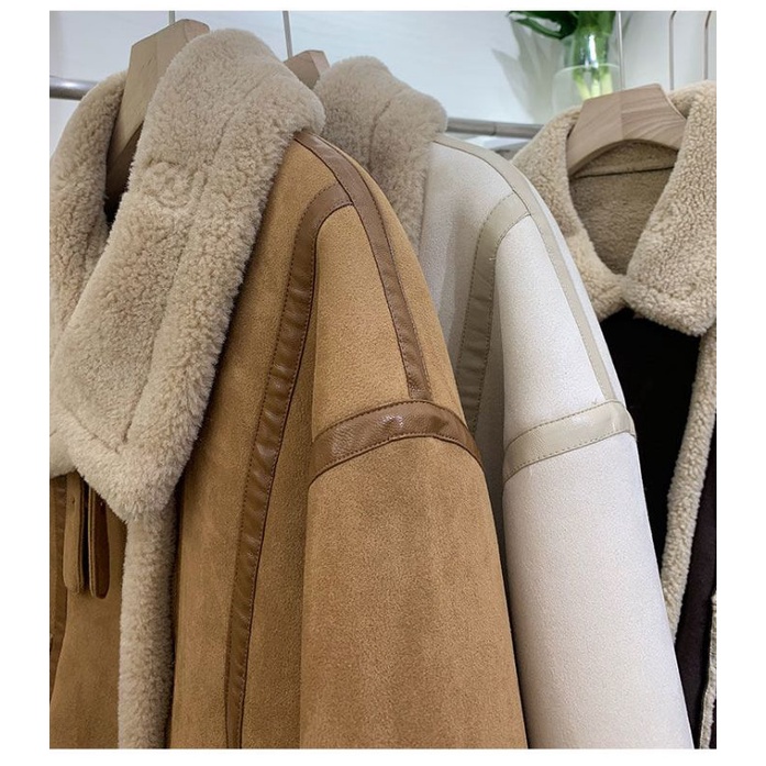 Áo Khoác Da Lộn Be Kem Lông Cừu Chần Bông Khóa Kéo Đính Cúc Thời Trang