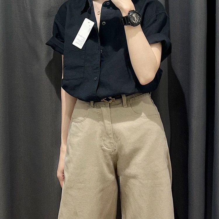 Áo Sơ Mi cotton Mỏng Dáng Rộng Màu Đen Thời Trang Mùa Hè 2023 Phong Cách Hàn Quốc Cho Nữ