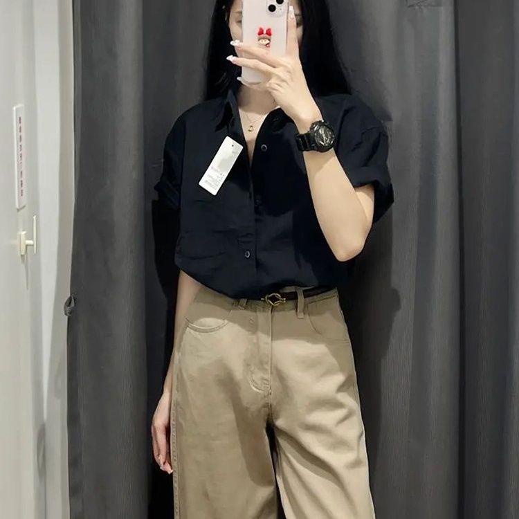 Áo Sơ Mi cotton Mỏng Dáng Rộng Màu Đen Thời Trang Mùa Hè 2023 Phong Cách Hàn Quốc Cho Nữ