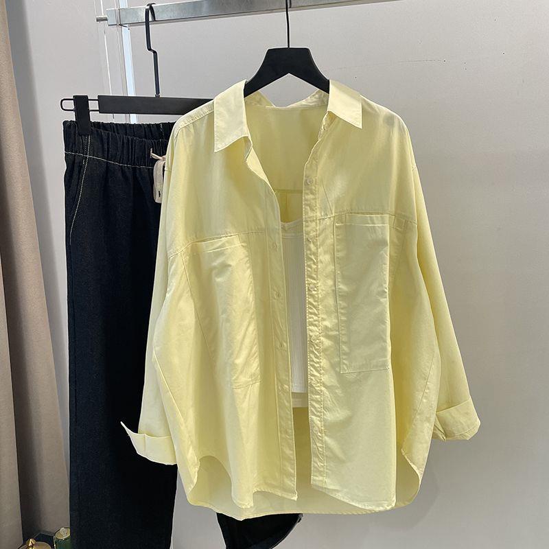Áo Sơ Mi cotton Nguyên Chất Dài Tay Dáng Rộng Nhiều Lớp Có Túi Lớn Và Cổ Polo Dài Đến Giữa