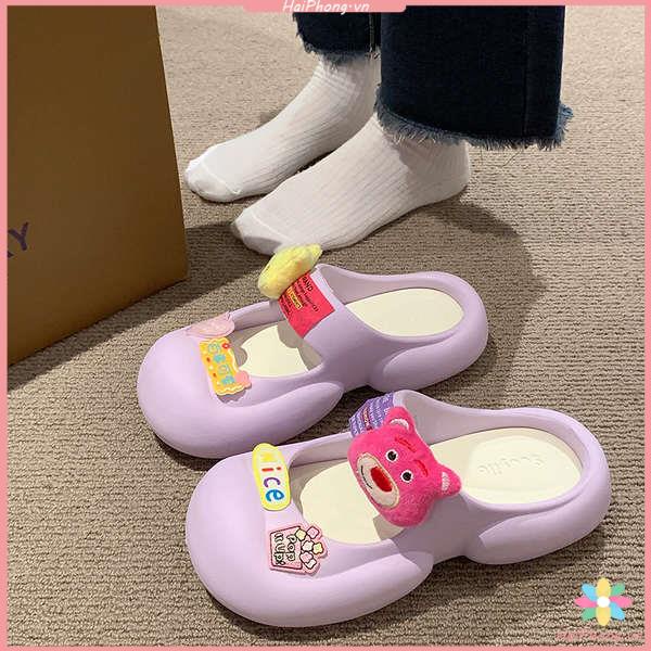 Dép bánh mì phim hoạt hình dễ thương gấu dâu thời trang dép bít mũi giày lỗ