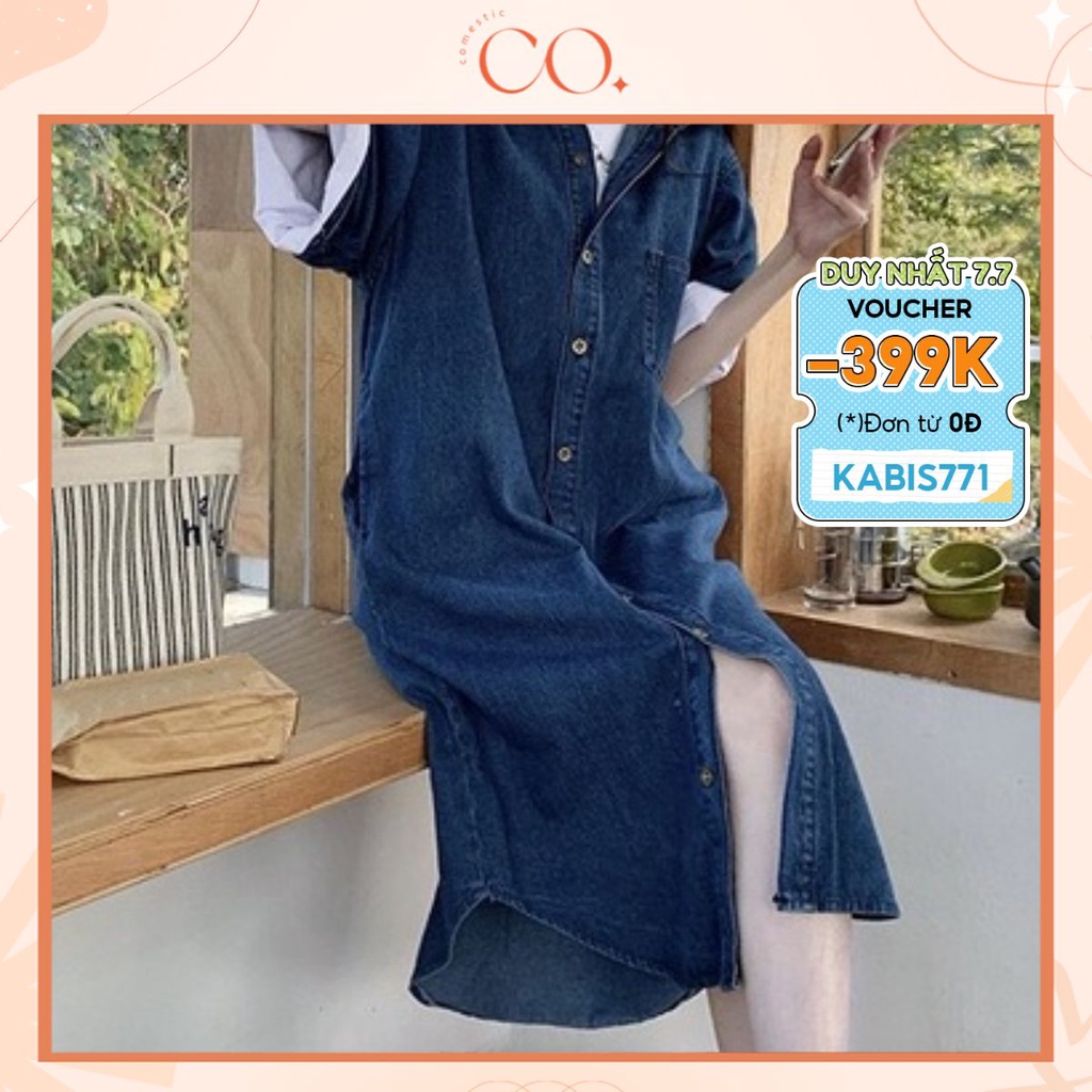 Váy sơ mi jean cộc tay, váy sơ mi jean dáng dài phong cách_a18
