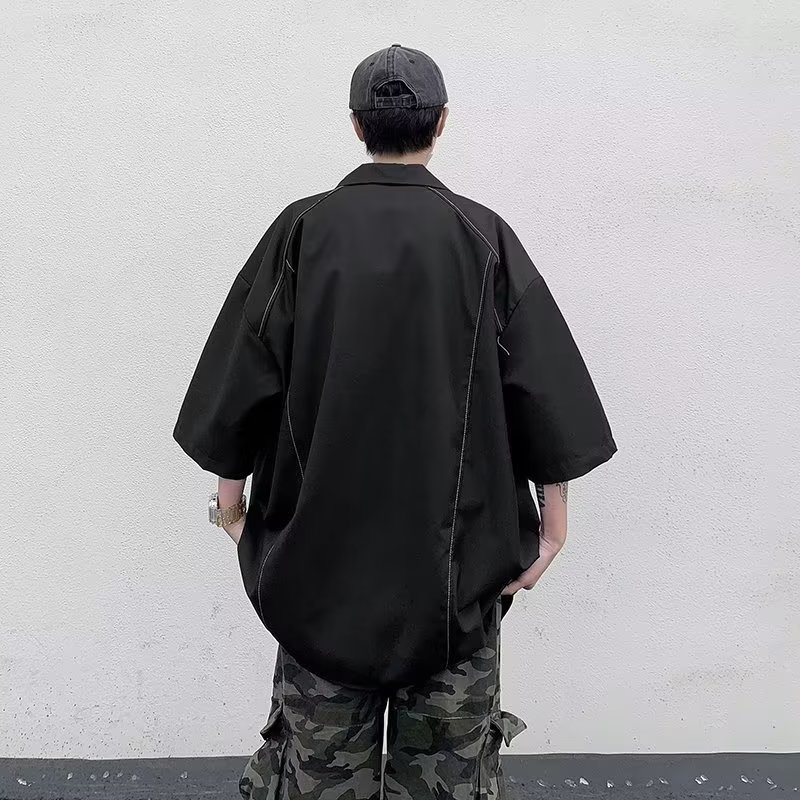 Áo Sơ Mi Ngắn Tay Cổ Vuông Màu Đen Trơn Phối Khóa Kéo Phong Cách Harajuku Mùa Hè Cá Tính Dành Cho Nam