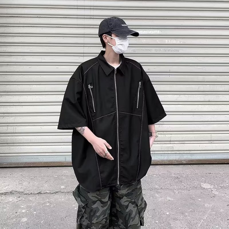 Áo Sơ Mi Ngắn Tay Cổ Vuông Màu Đen Trơn Phối Khóa Kéo Phong Cách Harajuku Mùa Hè Cá Tính Dành Cho Nam