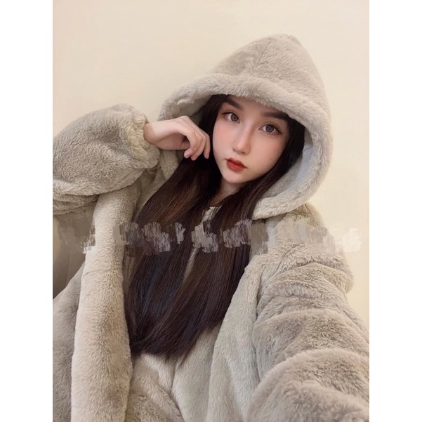 Áo khoác lông thỏ có mũ dáng suông
