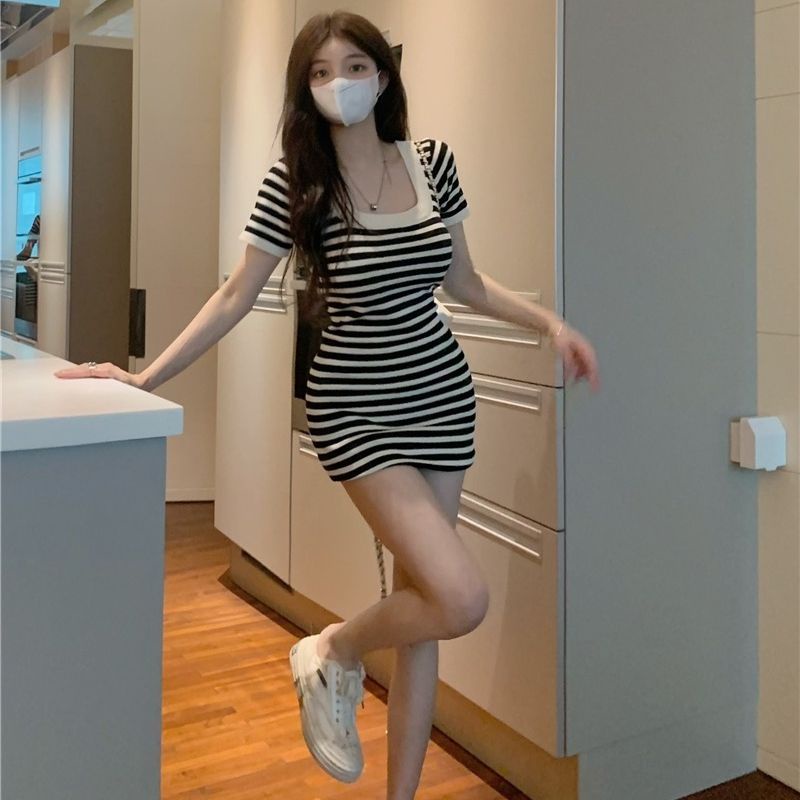 Jiashucheng Đầm Ôm Dáng Họa Tiết Kẻ Sọc Thời Trang Mùa Hè Cho Nữ
