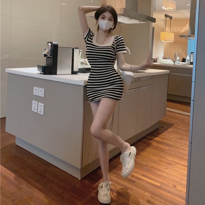 Jiashucheng Đầm Ôm Dáng Họa Tiết Kẻ Sọc Thời Trang Mùa Hè Cho Nữ