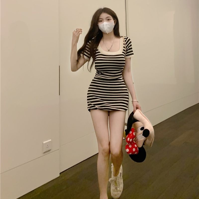 Jiashucheng Đầm Ôm Dáng Họa Tiết Kẻ Sọc Thời Trang Mùa Hè Cho Nữ