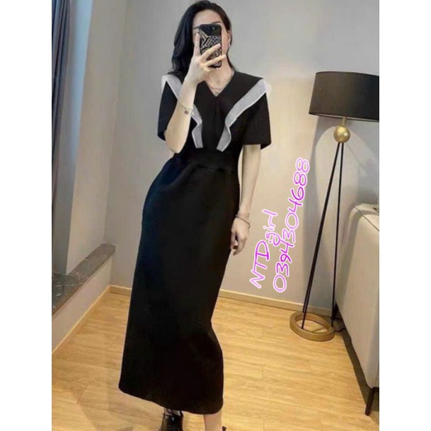 Hàng nhập - Đầm dáng suông thun mát lạnh cổ V phối viền, váy xuông tay ngắn form dài tôn dáng