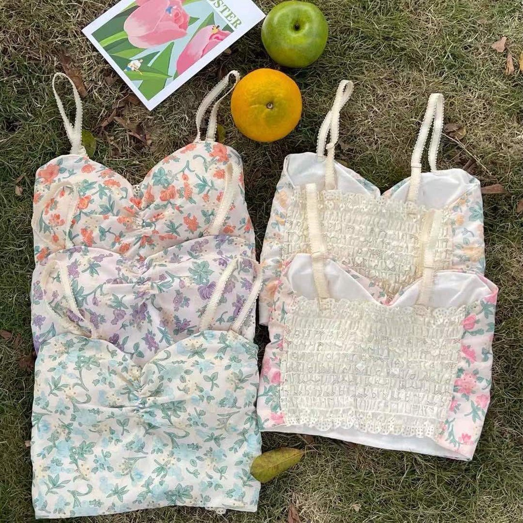 Jiashucheng Áo Hai Dây Ôm Ngực Họa Tiết Hoa Nhỏ Tươi Tắn Có Đệm Ngực Thời Trang Đẹp Mắt Cho Nữ