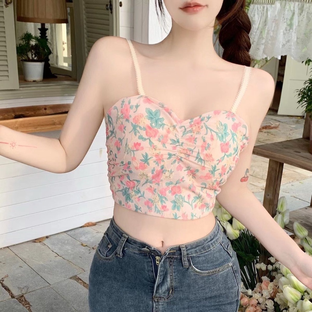 Jiashucheng Áo Hai Dây Ôm Ngực Họa Tiết Hoa Nhỏ Tươi Tắn Có Đệm Ngực Thời Trang Đẹp Mắt Cho Nữ