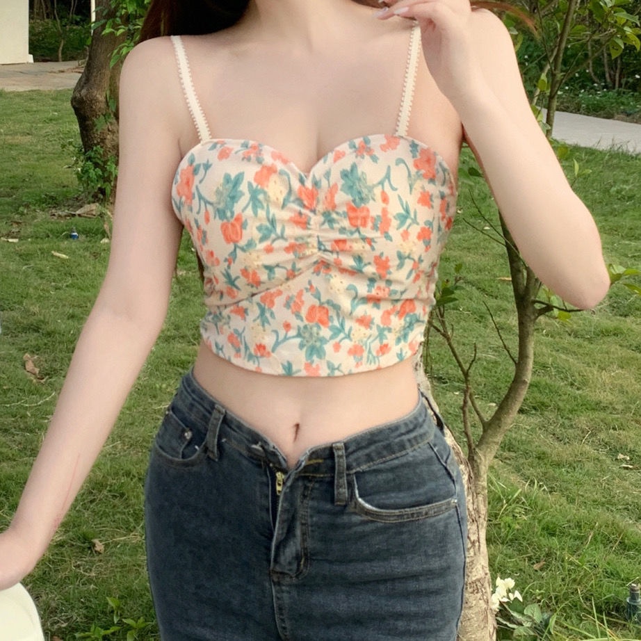 Jiashucheng Áo Hai Dây Ôm Ngực Họa Tiết Hoa Nhỏ Tươi Tắn Có Đệm Ngực Thời Trang Đẹp Mắt Cho Nữ