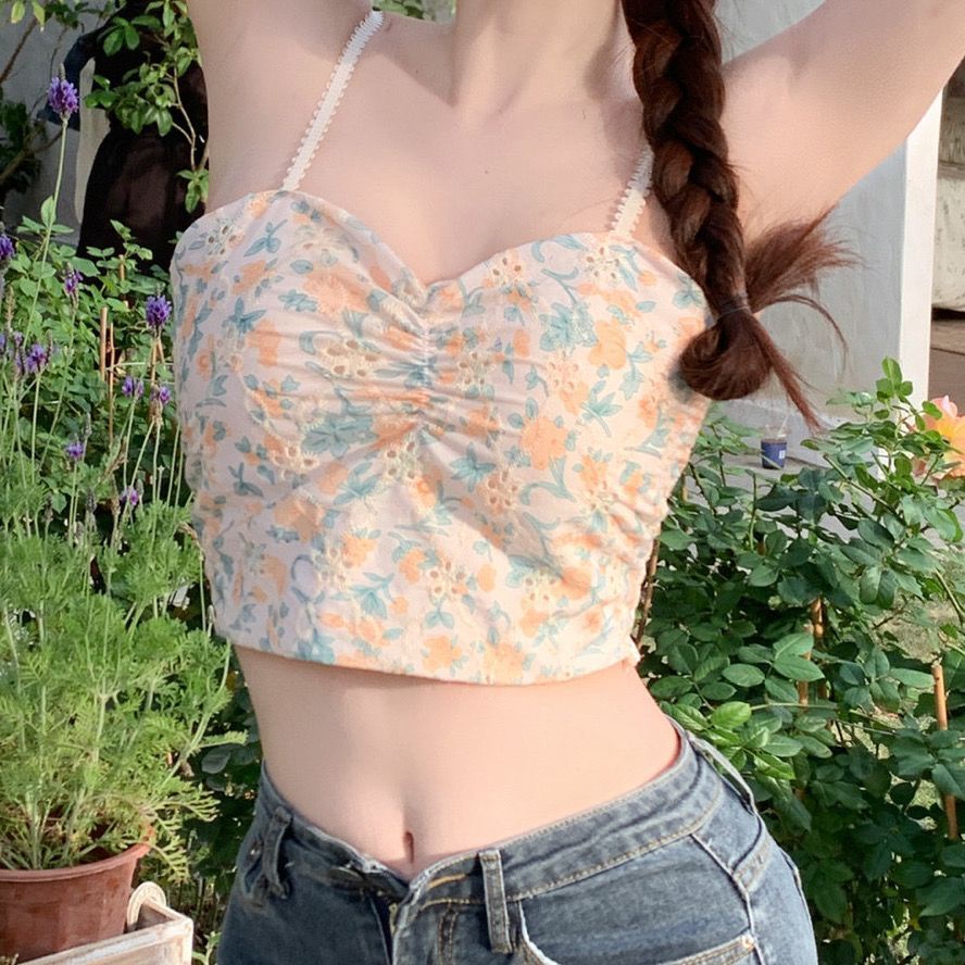 Jiashucheng Áo Hai Dây Ôm Ngực Họa Tiết Hoa Nhỏ Tươi Tắn Có Đệm Ngực Thời Trang Đẹp Mắt Cho Nữ