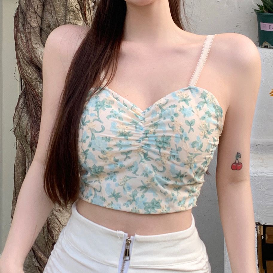 Jiashucheng Áo Hai Dây Ôm Ngực Họa Tiết Hoa Nhỏ Tươi Tắn Có Đệm Ngực Thời Trang Đẹp Mắt Cho Nữ