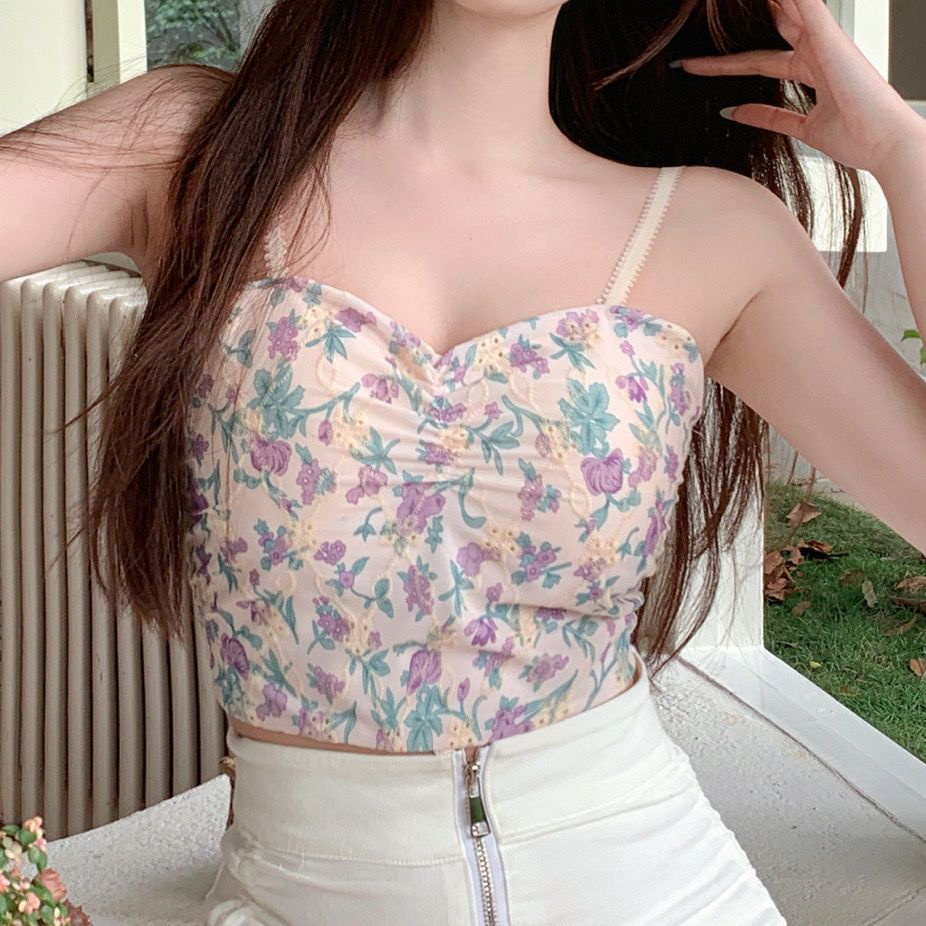 Jiashucheng Áo Hai Dây Ôm Ngực Họa Tiết Hoa Nhỏ Tươi Tắn Có Đệm Ngực Thời Trang Đẹp Mắt Cho Nữ