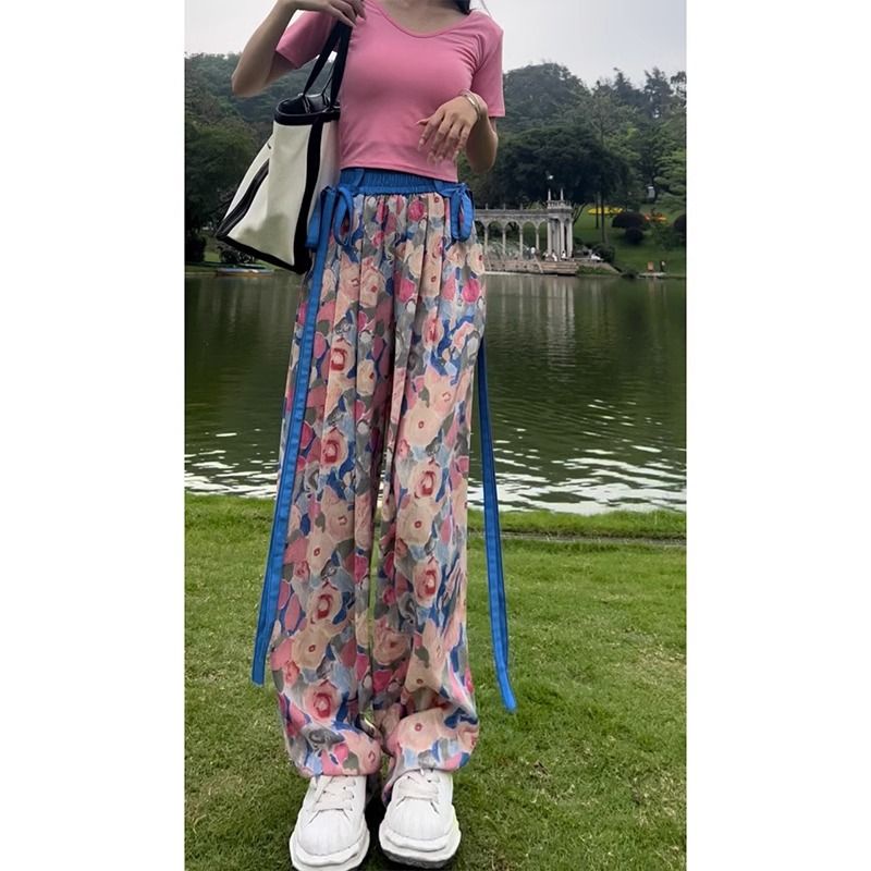 Jiashucheng Quần Dài Ống Rộng Dáng Suông Phối Dây Ruy Băng Mỏng In Họa Tiết Thời Trang Mùa Hè Cho Nữ