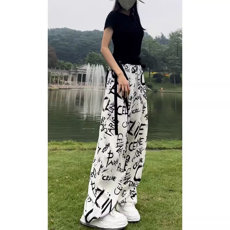 Jiashucheng Quần Dài Ống Rộng Dáng Suông Phối Dây Ruy Băng Mỏng In Họa Tiết Thời Trang Mùa Hè Cho Nữ