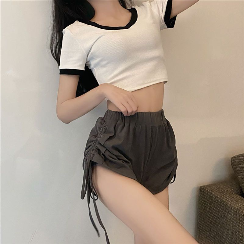 Jiashucheng Quần Short Thể Thao Lưng Cao Dáng Rộng Mỏng Màu Xám Phối Dây Rút Thời Trang Mùa Hè Mới Cho Nữ