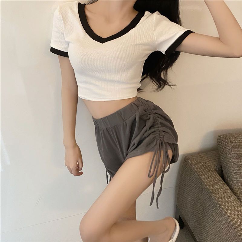 Jiashucheng Quần Short Thể Thao Lưng Cao Dáng Rộng Mỏng Màu Xám Phối Dây Rút Thời Trang Mùa Hè Mới Cho Nữ