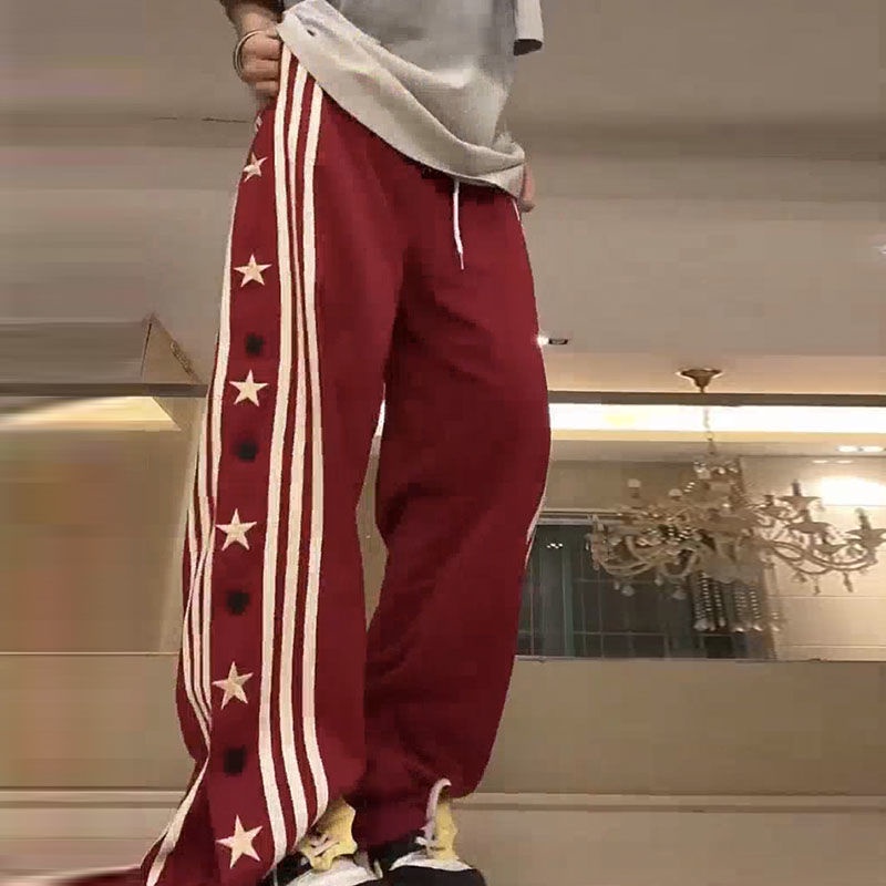 Jiashucheng Quần Dài Dáng Suông Kẻ Sọc Đính Ngôi Sao Phong Cách Retro Mỹ Cho Nam Và Nữ Dễ Phối Đồ