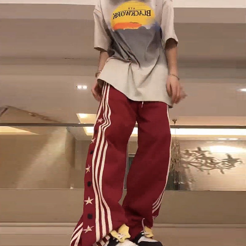 Jiashucheng Quần Dài Dáng Suông Kẻ Sọc Đính Ngôi Sao Phong Cách Retro Mỹ Cho Nam Và Nữ Dễ Phối Đồ
