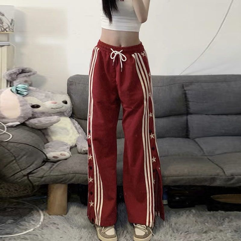 Jiashucheng Quần Dài Dáng Suông Kẻ Sọc Đính Ngôi Sao Phong Cách Retro Mỹ Cho Nam Và Nữ Dễ Phối Đồ